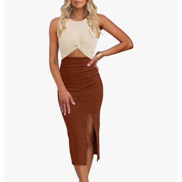 OTEN Sleeveless Ribbed Knit Cutout Midi Dress Bodycon Brown Beige - L - Picture 1 of 5